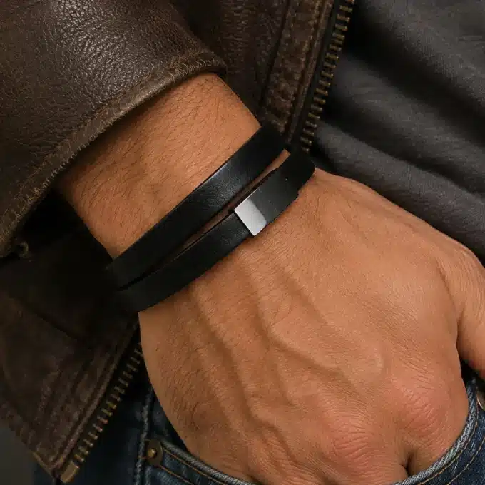 N3620 Bracelet 2 tours cuir et fermoir rectangle Acier inoxydable - Bijoux bracelets hommes en ligne Ninanina