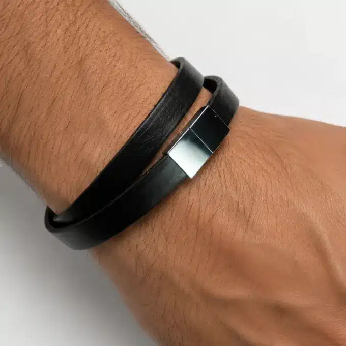 N3620a Bracelet 2 tours cuir et fermoir rectangle Acier inoxydable - Bijoux bracelets hommes en ligne Ninanina