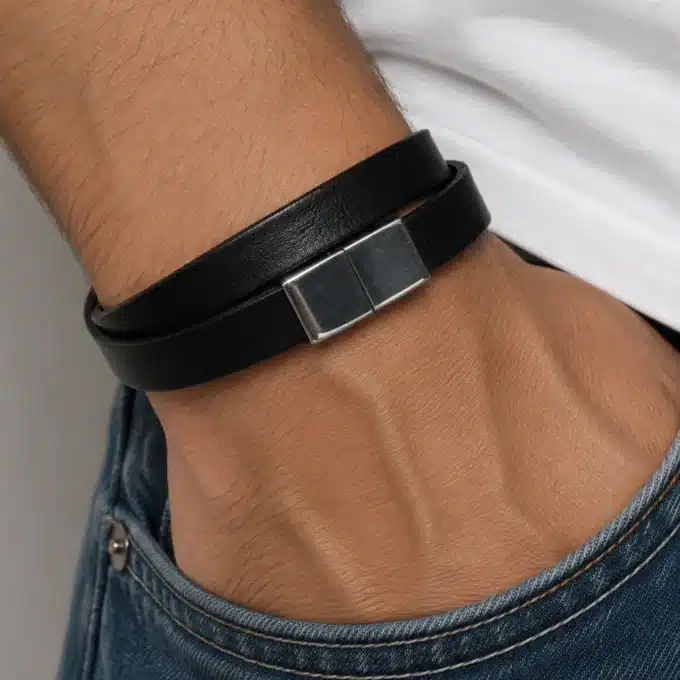 N3620b Bracelet 2 tours cuir et fermoir rectangle Acier inoxydable - Bijoux bracelets hommes en ligne Ninanina