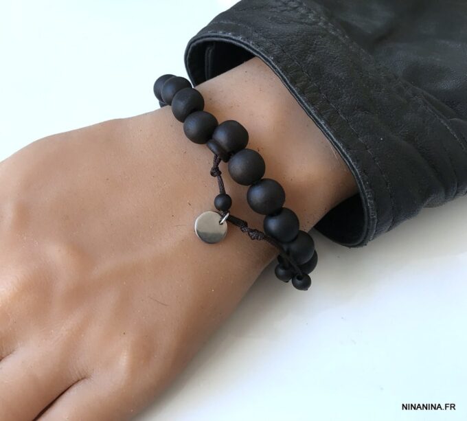 N3625 Bracelet boules bois noir et Acier inoxydable homme - Bijoux Bracelets en ligne Ninanina