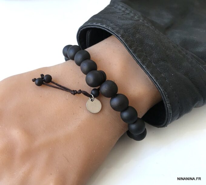 N3625a Bracelet boules bois noir et Acier inoxydable homme - Bijoux Bracelets en ligne Ninanina
