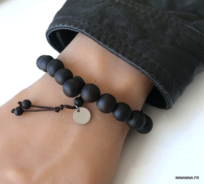 N3625b Bracelet boules bois noir et Acier inoxydable homme - Bijoux Bracelets en ligne Ninanina