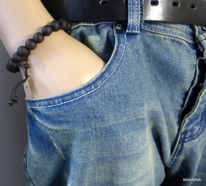 N3625ter Bracelet homme perles bois noires acier inoxydable