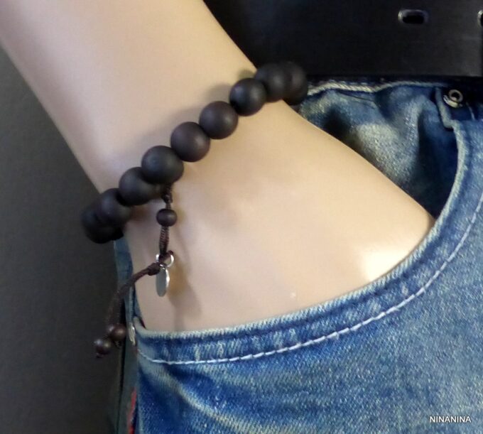 N3625tera Bracelet homme perles bois noires acier inoxydable