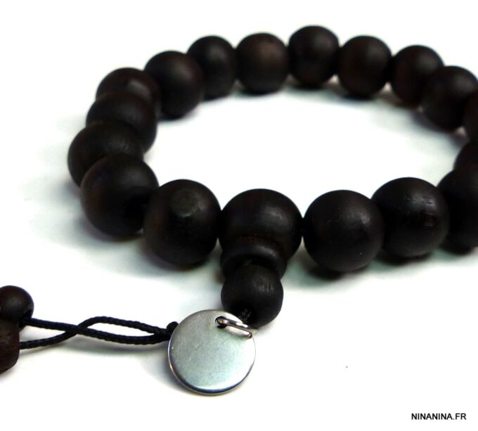N3625terc Bracelet homme perles bois et acier inoxydable