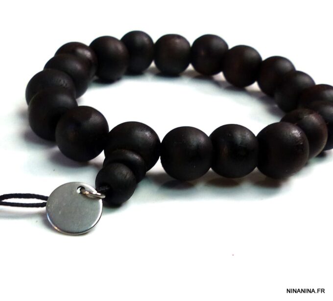 N3625terh Bracelet homme perles bois et acier inoxydable