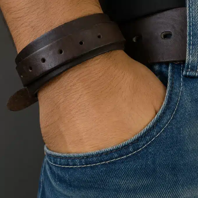 N3627c Bracelet de force artisanal mixte en cuir véritable marron - Bijoux bracelets hommes en ligne Ninanina