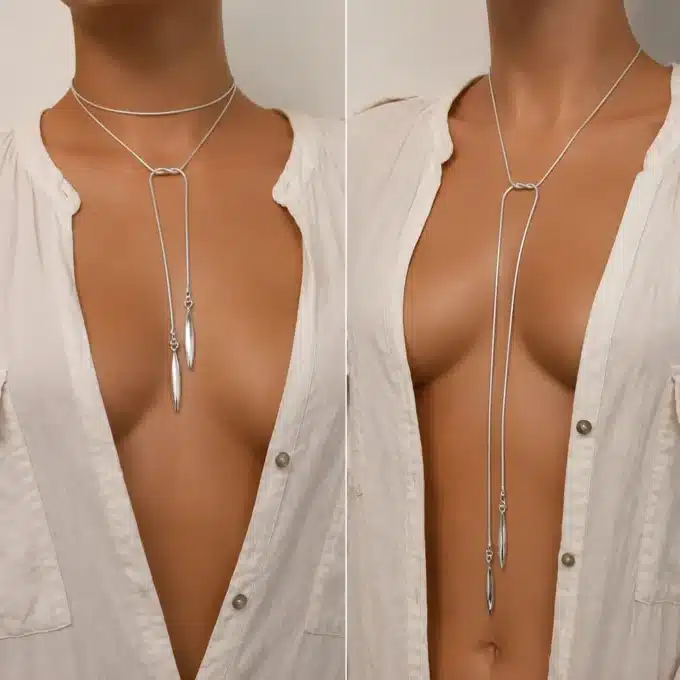 N3637 Collier long femme - Sautoir plaqué Argent maille serpent - Bijoux colliers femmes en ligne Ninanina