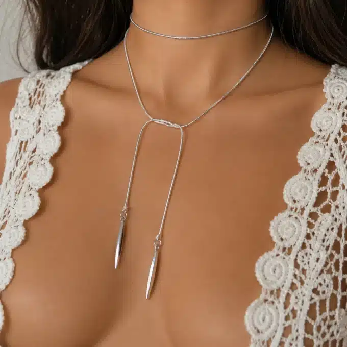N3637a Collier long femme - Sautoir plaqué Argent maille serpent - Bijoux colliers femmes en ligne Ninanina