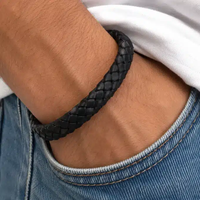 N3640A Bracelet epais homme cuir tressé fermoir argenté - Bijoux bracelets hommes en ligne NINANINA