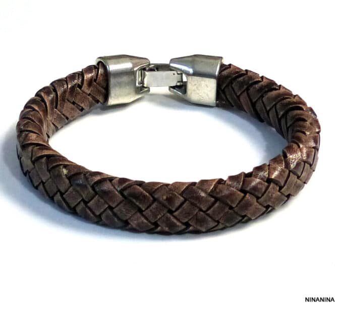N3640a bracelet homme cuir tressé fermoir crochet métal argenté