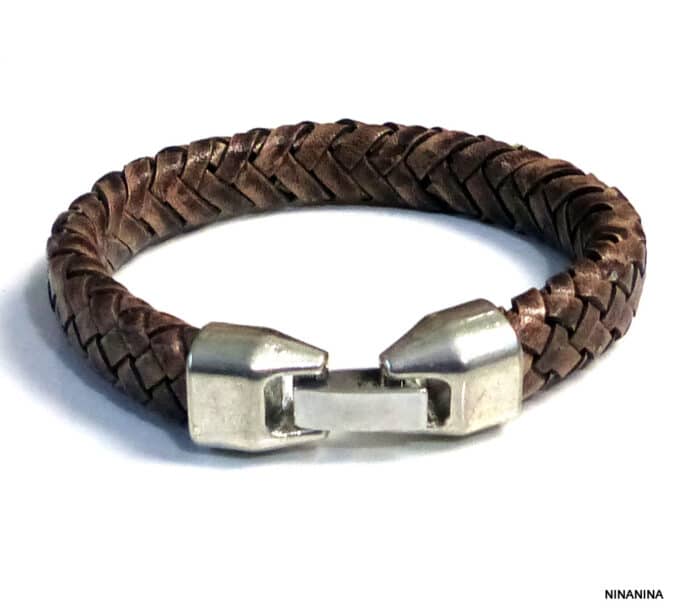 N3640d bracelet homme cuir tressé fermoir crochet métal argenté