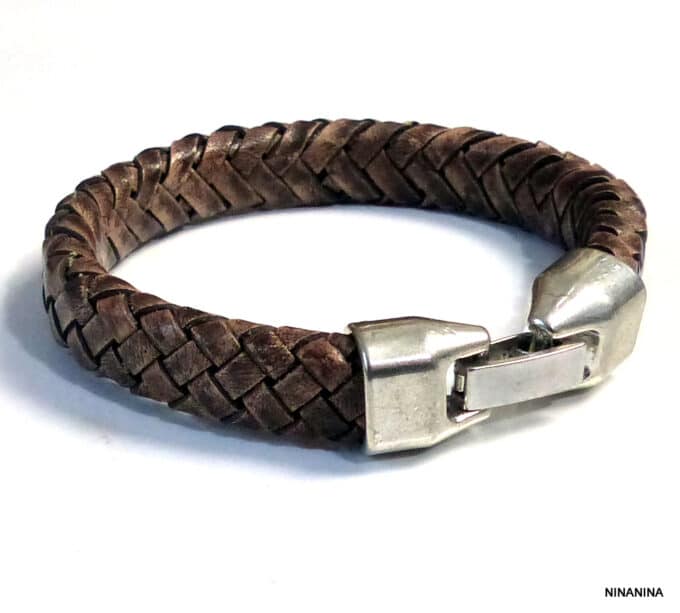 N3640g bracelet homme cuir tressé fermoir crochet métal argenté