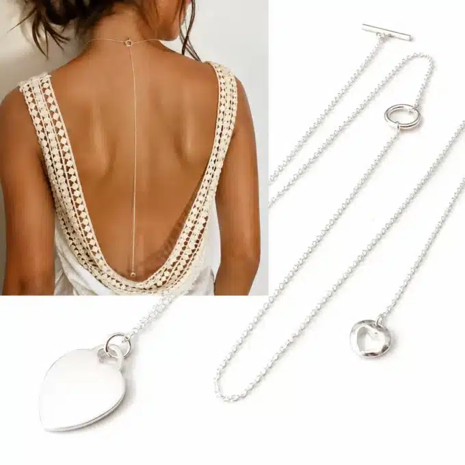 N3642d Collier Chaîne de dos femme pendentif coeur plaqué argent - Bijoux de corps femmes en ligne Ninanina