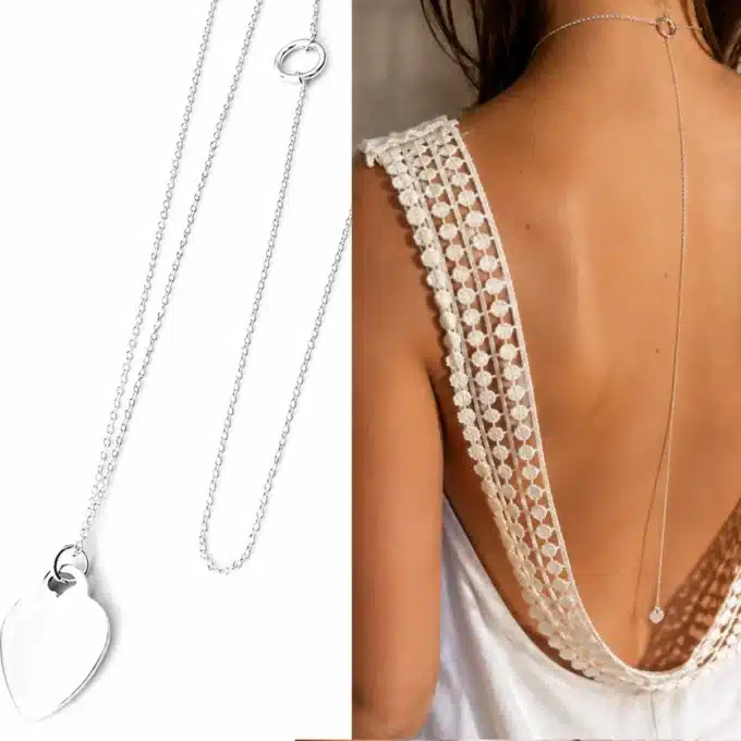 N3642e Collier Chaîne de dos femme pendentif coeur plaqué argent - Bijoux de corps femmes en ligne Ninanina