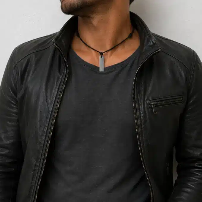 N3647b Collier homme cordon cuir pendentif rectangle Acier argenté - Bijoux colliers hommes en ligne Ninanina