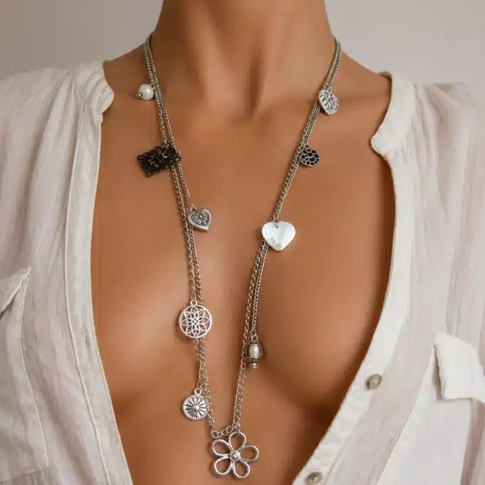 N3653b Collier fantaisie femme double rang argenté et pampilles - Bijoux colliers femmes en ligne Ninanina
