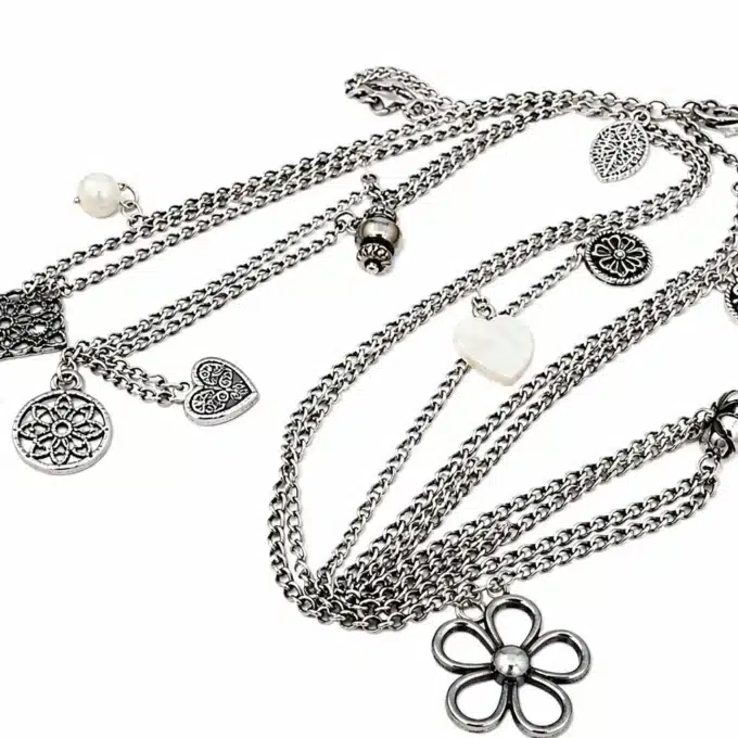 N3653c Collier fantaisie femme double rang argenté et pampilles - Bijoux colliers femmes en ligne Ninanina