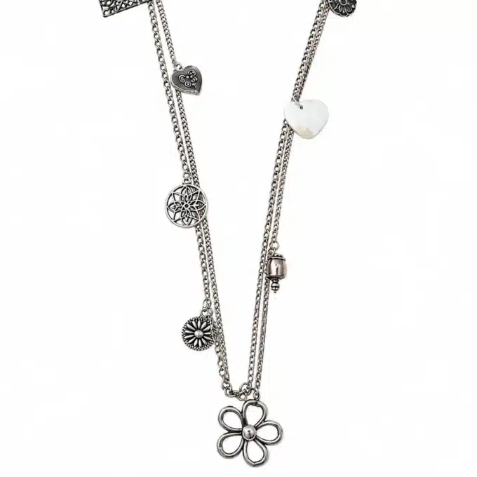 N3653d Collier fantaisie femme double rang argenté et pampilles - Bijoux colliers femmes en ligne Ninanina