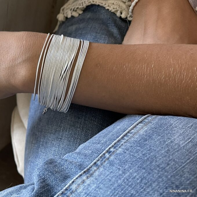 N3664 Bracelet chaines manchette femme Argent plaqué - Bijoux Bracelets en ligne Ninanina
