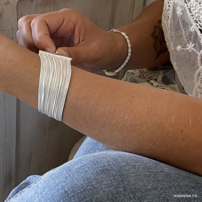 N3664d Bracelet chaines manchette femme Argent plaqué - Bijoux Bracelets en ligne Ninanina