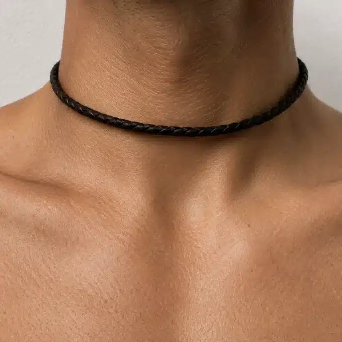 N3687 Collier homme Cordon Cuir tressé fermoir Argent 925 massif - Bijoux colliers hommes en ligne Ninanina