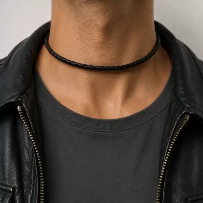 N3687a Collier homme Cordon Cuir tressé fermoir Argent 925 massif - Bijoux colliers hommes en ligne Ninanina