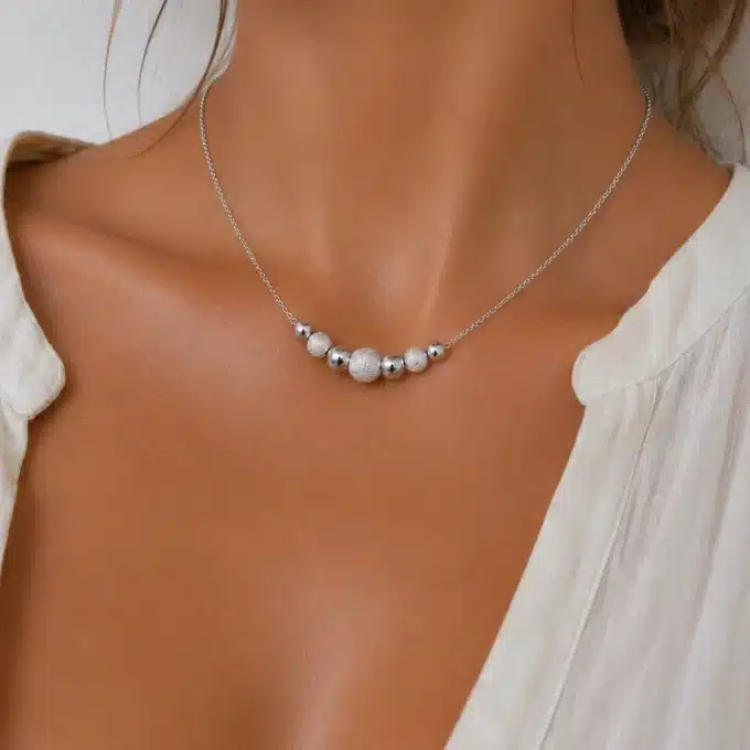 N3689 Collier perles argent massif lisses et diamantées pour femme - Bijoux colliers femmes en ligne Ninanina