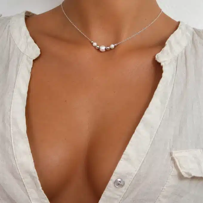 N3689a Collier perles argent massif lisses et diamantées pour femme - Bijoux colliers femmes en ligne Ninanina