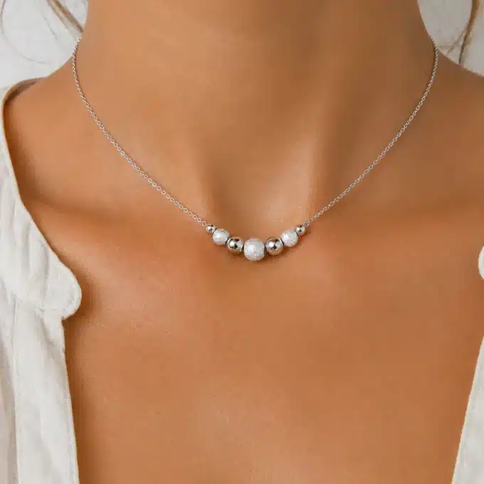 N3689b Collier perles argent massif lisses et diamantées pour femme - Bijoux colliers femmes en ligne Ninanina