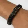 N3692 Bracelet homme large cuir tressé noir métal argenté - Bijoux bracelets hommes en ligne Ninanina
