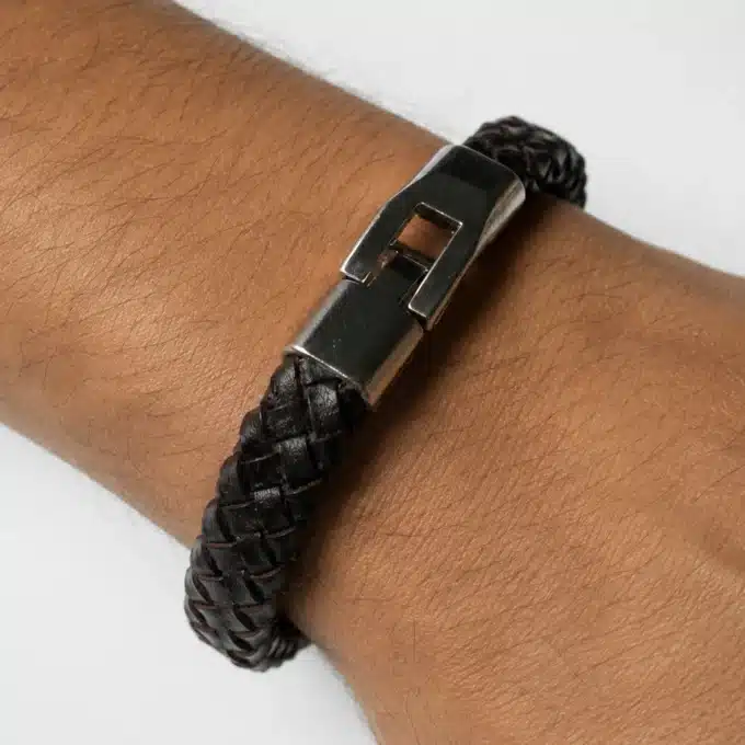 N3692 Bracelet homme large cuir tressé noir métal argenté - Bijoux bracelets hommes en ligne Ninanina