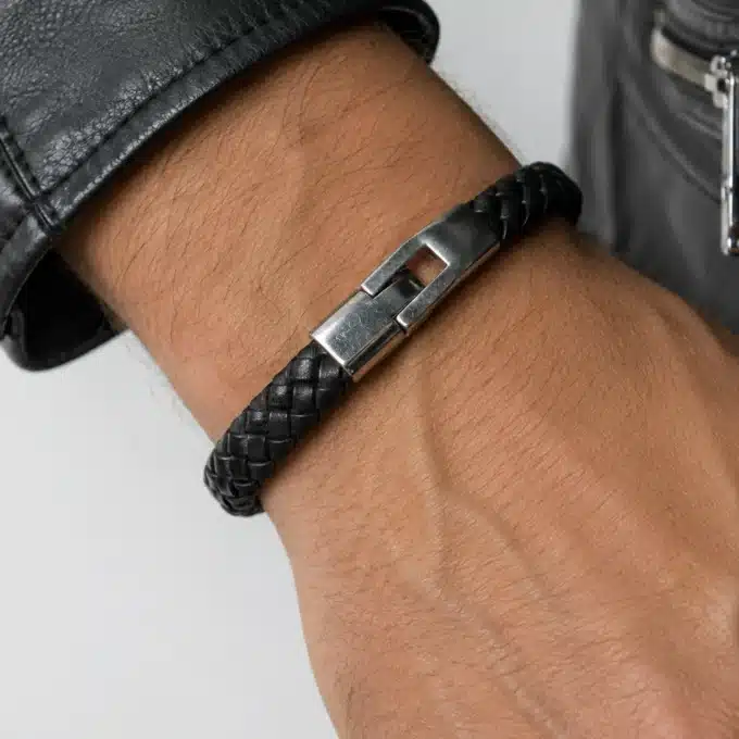 N3692a Bracelet Fantaisie homme large cuir tressé noir métal argenté - Bijoux bracelets hommes en ligne Ninanina