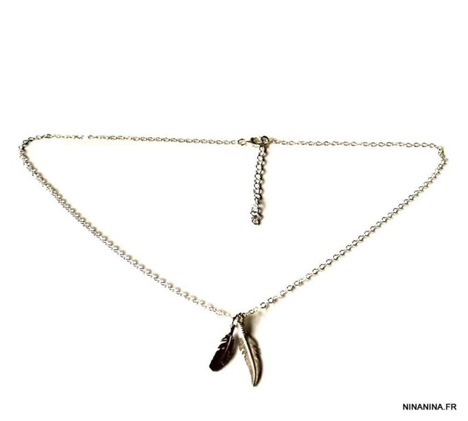N3699 Collier plume femme en argent 925 deux plumes - Bijoux Colliers en ligne Ninanina