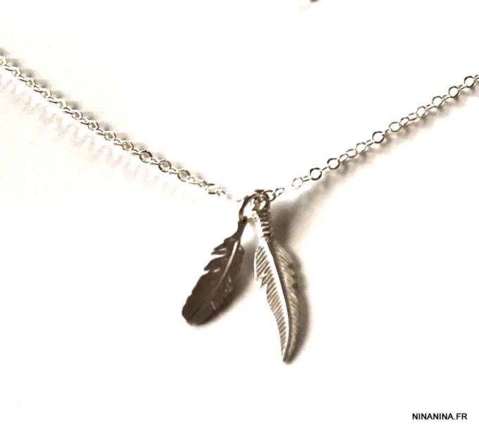N3699a Collier plume femme en argent 925 deux plumes - Bijoux Colliers en ligne Ninanina