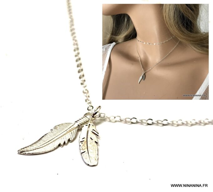 N3699a Collier plume femme en argent 925 massif - Bijoux Colliers en ligne Ninanina