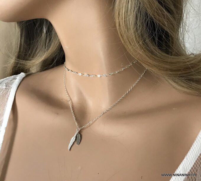 N3699b Collier plume femme en argent 925 massif - Bijoux Colliers en ligne Ninanina