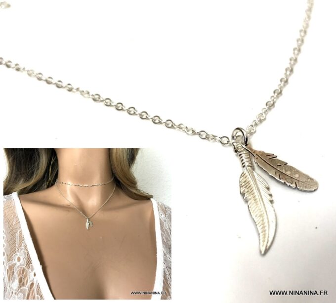 N3699c Collier plume femme en argent 925 massif - Bijoux Colliers en ligne Ninanina
