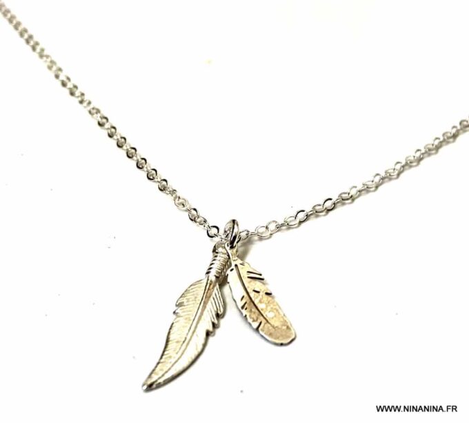N3699d Collier plume femme en argent 925 massif - Bijoux Colliers en ligne Ninanina