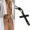 N3704 Collier homme cordon cuir pendentif croix Acier argenté - Bijoux colliers hommes en ligne Ninanina