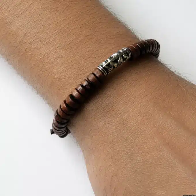 N3708 Bracelet cordon cuir et perles de bois réglable - Bijoux bracelets hommes en ligne Ninanina