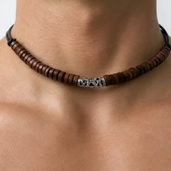 N3709 Collier homme perles de bois marron cordon cuir réglable - Bijoàux colliers hommes en ligne Ninanina