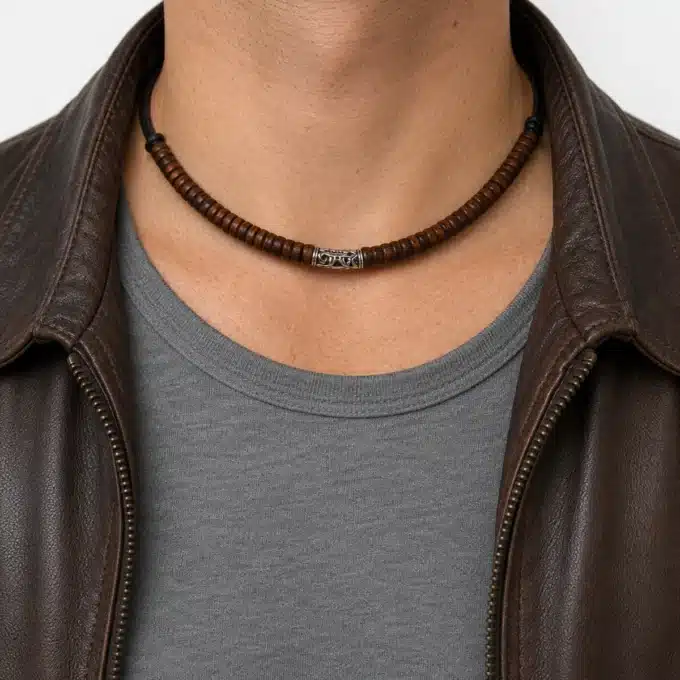 N3709a Collier homme perles de bois marron cordon cuir réglable - Bijoàux colliers hommes en ligne Ninanina