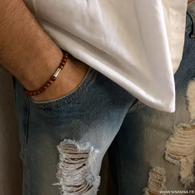 N3710 Bracelet perle bois homme elastique perle tube métal argent - Bijoux bracelets hommes en ligne Ninanina