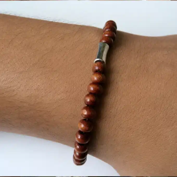 N3710a Bracelet perle bois homme elastique perle tube métal argent - Bijoux bracelets hommes en ligne Ninanina