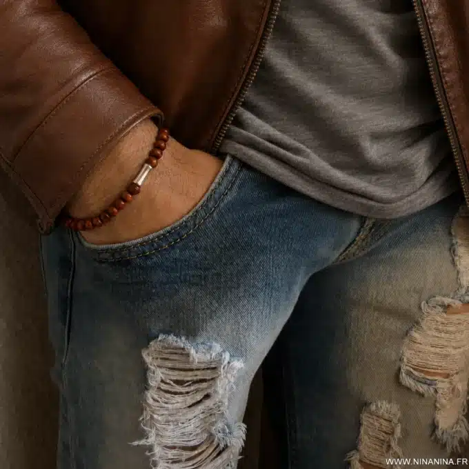 N3710b Bracelet perle bois homme elastique perle tube métal argent - Bijoux bracelets hommes en ligne Ninanina
