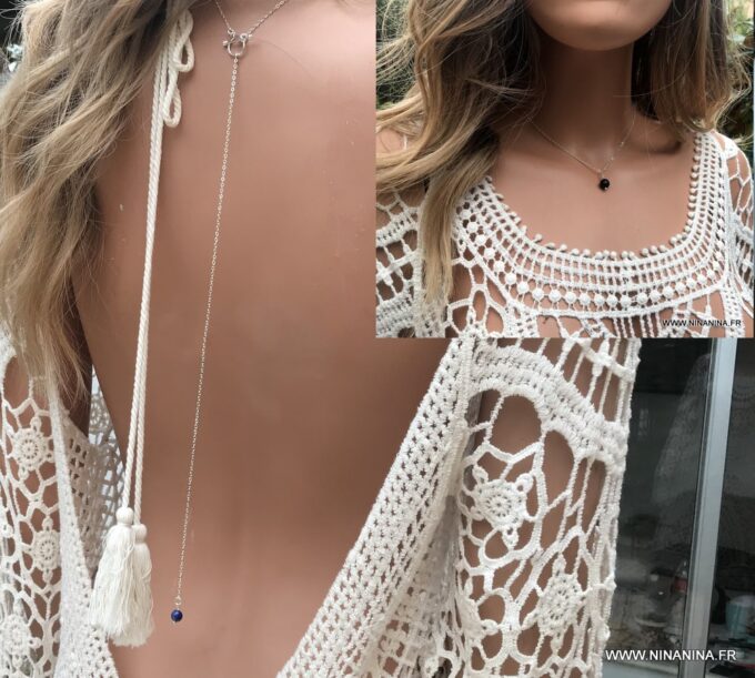 N3712 Collier de dos perle Lapis Lazuli et Argent 925 massif - Bijoux Colliers en ligne Ninanina