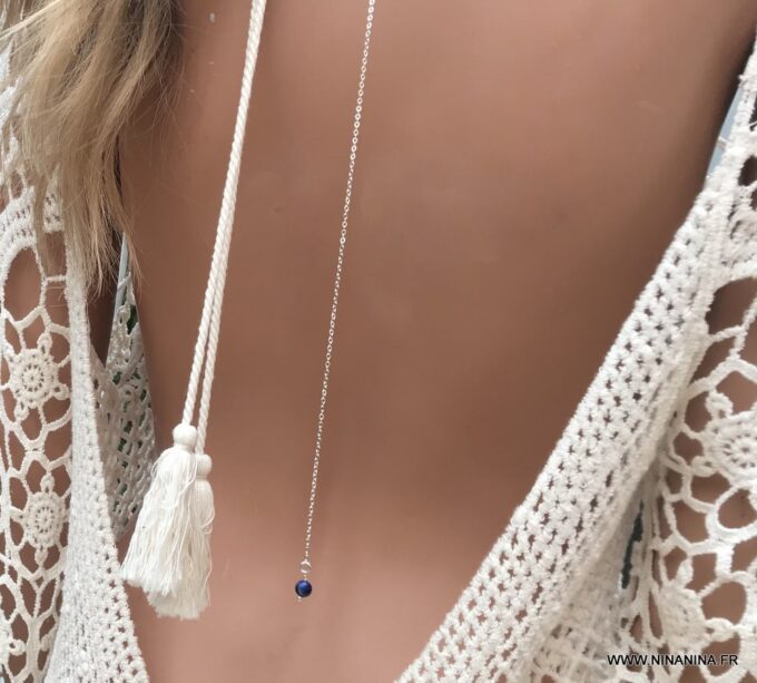 N3712b Collier de dos perle Lapis Lazuli et Argent 925 massif - Bijoux Colliers en ligne Ninanina