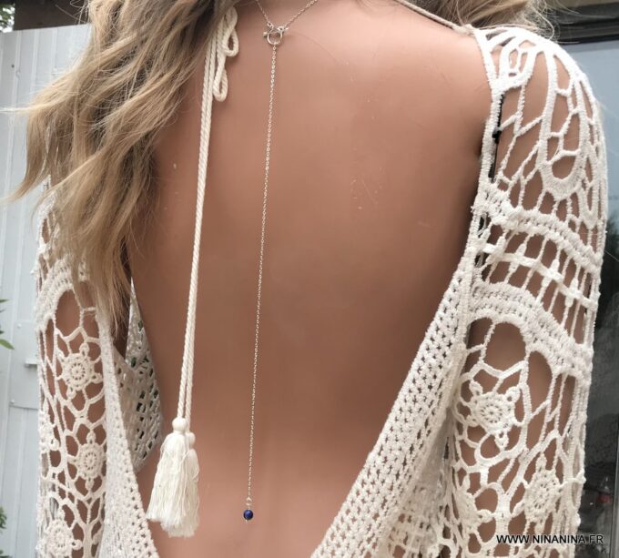 N3712f Collier de dos perle Lapis Lazuli et Argent 925 massif - Bijoux Colliers en ligne Ninanina