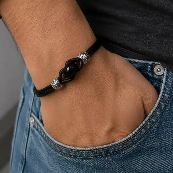 N3715A Bracelet cuir signe infini Acier inoxydable argenté pour homme - Bijoux bracelets hommes en ligne Ninanina